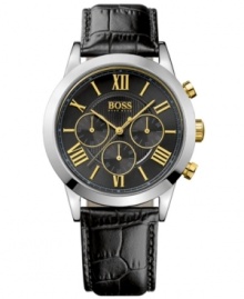 Yellow gold accents amp up the style on this traditional leather watch by Hugo Boss. Yellow gold accents amp up the style on this traditional leather watch by Hugo Boss.