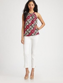 An eye-popping basket-weave print on vibrant matte silk in a chic chain-link halter.Chain halter strapSleevelessFlat frontAbout 27 from shoulder to hemSilkDry cleanMade in USA of Italian fabricModel shown is 5'10 (177cm) wearing US size 4. An eye-popping basket-weave print on vibrant matte silk in a chic chain-link halter.Chain halter strapSleevelessFlat frontAbout 27 from shoulder to hemSilkDry cleanMade in USA of Italian fabricModel shown is 5'10 (177cm) wearing US size 4.