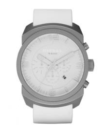 Less is more. Leave color behind with this ghostly watch by Diesel. White silicone strap and round stainless steel case. White dial features applied white numerals and stick indices, minute track, date window, three multifunctional subdials, luminous hands and logo. Quartz movement. Water resistant to 50 meters. Two-year limited warranty.