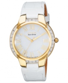 Remarkable style from Citizen. This blemish-free Ciena watch boasts glistening diamond accents and golden details. Remarkable style from Citizen. This blemish-free Ciena watch boasts glistening diamond accents and golden details.