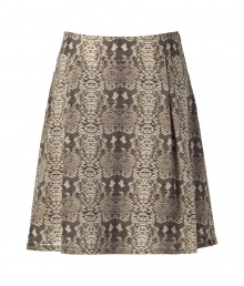 Stylish skirt in fine grey silk - Elegant, on-trend reptile print - Soft drape, side zip and ruching detail at waist - Classic A-line silhouette, hits above the knee - A versatile and sophisticated must that works for both day and evening - Pair with blazers, cardigans and cropped leather jackets - Style with opaque or textured tights and ballerina flats or ankle booties