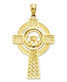 Cherish your faith and your Celtic heritage with this unique Claddagh cross charm. Crafted in 14k gold with an intricate filigree design. Chain not included. Approximate length: 1-2/3 inches. Approximate width: 9/10 inch.