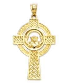 Cherish your faith and your Celtic heritage with this unique Claddagh cross charm. Crafted in 14k gold with an intricate filigree design. Chain not included. Approximate length: 1-2/3 inches. Approximate width: 9/10 inch. Cherish your faith and your Celtic heritage with this unique Claddagh cross charm. Crafted in 14k gold with an intricate filigree design. Chain not included. Approximate length: 1-2/3 inches. Approximate width: 9/10 inch.