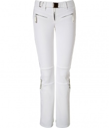 Make a chic statement on the slopes in Jet Sets ultra modern stretch ski pants, finished with a flattering cut guaranteed to show off your sporty side in style - Zip fly, zippered front pockets, adjustable belt in front, straight leg with silver star circle print, flared zippered ankles, partially lined legs from the hemline to thigh, elasticized band at the thigh with silicon for hold - Fitted through the knee - Wear with figure-hugging turtlenecks and cozy shearling lined boots Make a chic statement on the slopes in Jet Sets ultra modern stretch ski pants, finished with a flattering cut guaranteed to show off your sporty side in style - Zip fly, zippered front pockets, adjustable belt in front, straight leg with silver star circle print, flared zippered ankles, partially lined legs from the hemline to thigh, elasticized band at the thigh with silicon for hold - Fitted through the knee - Wear with figure-hugging turtlenecks and cozy shearling lined boots