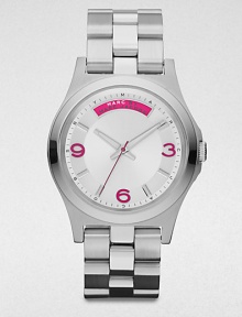 A sleek stainless steel timepiece with bold markers. Quartz movementWater resistant to 5 ATMRound stainless steel case, 40mm (1.6)Smooth bezelSilvertone dialBar and numeric hour markersSecond hand Stainless steel link braceletImported A sleek stainless steel timepiece with bold markers. Quartz movementWater resistant to 5 ATMRound stainless steel case, 40mm (1.6)Smooth bezelSilvertone dialBar and numeric hour markersSecond hand Stainless steel link braceletImported