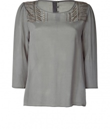 Elevate your go-to casual favorites with this ultra-chic embellished tunic - Round neck, three-quarter sleeves, bead embellished shoulders, relaxed silhouette, back button half placket - Style with high waist skinnies and wedge heels Elevate your go-to casual favorites with this ultra-chic embellished tunic - Round neck, three-quarter sleeves, bead embellished shoulders, relaxed silhouette, back button half placket - Style with high waist skinnies and wedge heels