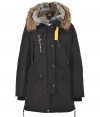 Bring undeniable style to your cold weather look with this rugged-cool fur lined parka from Parajumpers - Large raccoon and rabbit fur lined hood, long sleeves, multiple front pockets, ribbed cuffs, internal drawstring waist, slim fit, logo patch at shoulder, water resistant - Wear with jeans, a cashmere pullover, and boots