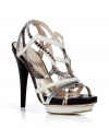 Exotic-meets-luxe with these ultra-stylish snakeskin sandals from Burak Uyan - Contrasting leather multi-strap front, two-tone front platform, stiletto heel, elasticized back strap - Style with a figure-hugging cocktail dress or cropped trousers and a sheer blouse