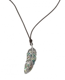 Stand apart from the flock in this free-spirited style. Fossil's fashionable feather pendant features abalone shell inlay and clear crystal pave. Cord crafted from chocolate brown leather with a lobster claw clasp. Approximate length: 24 inches + 2-inch extender. Approximate drop: 2-3/4 inches. Stand apart from the flock in this free-spirited style. Fossil's fashionable feather pendant features abalone shell inlay and clear crystal pave. Cord crafted from chocolate brown leather with a lobster claw clasp. Approximate length: 24 inches + 2-inch extender. Approximate drop: 2-3/4 inches.