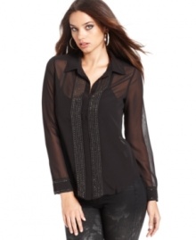 Beading details add sparkle & shine to this GUESS chiffon blouse -- a fall must-have! Beading details add sparkle & shine to this GUESS chiffon blouse -- a fall must-have!