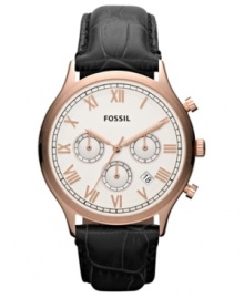 A vintage-inspired chronograph watch in rosy tones from Fossil's Ansel collection. A vintage-inspired chronograph watch in rosy tones from Fossil's Ansel collection.