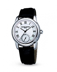 Frédérique Constant's classic timepiece boasts a sophisticated dial with remarkable refinement. Decoration of the movement is to the highest standards, with Cotes de Geneve and Collimacon patterns brightly shining due to the rhodium finish. Frédérique Constant's classic timepiece boasts a sophisticated dial with remarkable refinement. Decoration of the movement is to the highest standards, with Cotes de Geneve and Collimacon patterns brightly shining due to the rhodium finish.