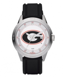 Show your Bulldogs loyalty every second of the day with this signature team watch from Fossil. Black polyurethane strap and round stainless steel case. Bezel etched with numerals and stick indices. White dial features large University of Georgia logo, printed minute track and stick indices at outer ring, date window at three o'clock and luminous hands. Quartz movement. Water resistant to 100 meters. Eleven-year limited warranty. Show your Bulldogs loyalty every second of the day with this signature team watch from Fossil. Black polyurethane strap and round stainless steel case. Bezel etched with numerals and stick indices. White dial features large University of Georgia logo, printed minute track and stick indices at outer ring, date window at three o'clock and luminous hands. Quartz movement. Water resistant to 100 meters. Eleven-year limited warranty.