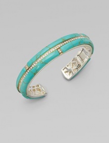 Sparkling, white sapphires and 18k goldplated sterling silver add interest to this stunning, turquoise section design. Turquoise18k goldplated sterling silverDiameter, about 3Slip-on styleImported Sparkling, white sapphires and 18k goldplated sterling silver add interest to this stunning, turquoise section design. Turquoise18k goldplated sterling silverDiameter, about 3Slip-on styleImported
