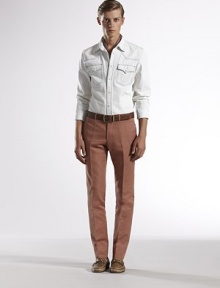 Terracotta cotton linen gabardine skinny pant.Slash pockets7 leg opening60% cotton/40% linenDry cleanMade in Italy Terracotta cotton linen gabardine skinny pant.Slash pockets7 leg opening60% cotton/40% linenDry cleanMade in Italy