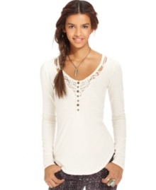 Crochet lace adds a feminine appeal to this otherwise basic Free People top -- a stylish spin on a wardrobe basic! Crochet lace adds a feminine appeal to this otherwise basic Free People top -- a stylish spin on a wardrobe basic!