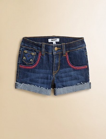 Classic jean shorts get an eye-catching update with colorful embroidery, studded details and slightly distressed, cuffed hem.Button closureWaistband with belt loopsZip flyFive-pocket styleSlightly distressed, cuffed hem68% cotton//31% polyester/1% spandexMachine washImported Classic jean shorts get an eye-catching update with colorful embroidery, studded details and slightly distressed, cuffed hem.Button closureWaistband with belt loopsZip flyFive-pocket styleSlightly distressed, cuffed hem68% cotton//31% polyester/1% spandexMachine washImported