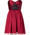 Stylish strapless dress in fine red silk and wool blend - Slim, sculpted bodice has an elegant sheen and bead embellishment - Gently pleated A-line miniskirt hits mid-thigh - Zips at back - A chic must for parties, holidays and special events - Style with a cropped leather jacket, opaque tights and pumps or ankle booties