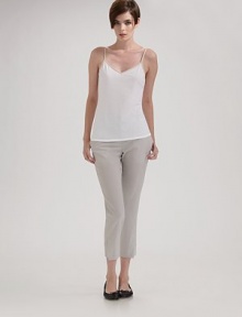 Gentle cotton design with a slender fit and contrast trim includes adjustable straps. Pullover style Sleeveless Adjustable straps V neckline Cotton; dry clean Imported Gentle cotton design with a slender fit and contrast trim includes adjustable straps. Pullover style Sleeveless Adjustable straps V neckline Cotton; dry clean Imported