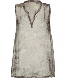 Elegant sleeveless top in fine, pure grey silk - On-trend serpent motif - Sheer, featherweight material drapes beautifully - Ample tunic cut with v-neck and two side slits - Darker trim at collar and hem - Relaxed yet chic, easily dressed up or down - Pair with leather leggings, a blazer and peep toe pumps, or go for a more casual look with slim jeans and sandals Elegant sleeveless top in fine, pure grey silk - On-trend serpent motif - Sheer, featherweight material drapes beautifully - Ample tunic cut with v-neck and two side slits - Darker trim at collar and hem - Relaxed yet chic, easily dressed up or down - Pair with leather leggings, a blazer and peep toe pumps, or go for a more casual look with slim jeans and sandals