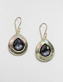 From the Ondine Collection. A rich, faceted hematite doublet surrounded by iridescent black shell set in radiant 18k gold. Hematite doubletBlack shell18k goldDrop, about 1.4Hook backImported 