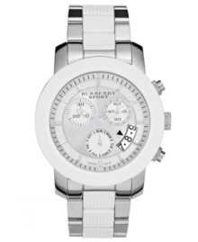A striking chronograph watch wrapped in white-hot style and sleek Swiss-made precision -- from the fashion-forward experts at Burberry. A striking chronograph watch wrapped in white-hot style and sleek Swiss-made precision -- from the fashion-forward experts at Burberry.