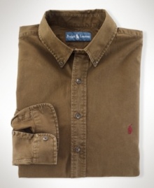 A rugged cotton twill sport shirt is fashioned in a classic fit and is lightly washed for a comfortable look and feel. A rugged cotton twill sport shirt is fashioned in a classic fit and is lightly washed for a comfortable look and feel.