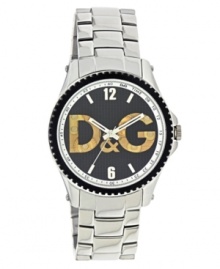 A unique cutout dial adds a modern edge to this classic watch by D&G. Stainless steel bracelet and round case with black turning bezel. Black grid-patterned dial features numerals at twelve and six o'clock, stick indices, minute track, three hands and gold tone logo cutout. Quartz movement. Water resistant to 50 meters. Two-year limited warranty.