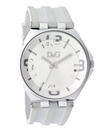 Show them what you're made of. Revealing cutaways mark this watch by D&G. White rubber strap and round stainless steel case. White dial with silver tone outer ring features partially transparent numerals and stick indices revealing watch's gears, three hands and logo. Quartz movement. Water resistant to 30 meters. Two-year limited warranty.