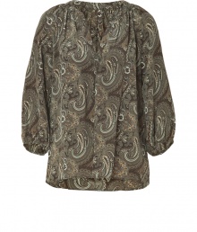 A neutral-hued paisley print lends earthy style to this silk boho-inspired tunic top from Steffen Schraut - V-neck, three-quarter voluminous sleeves, relaxed silhouette, all-over print - Pair with slim trousers, a pencil skirt, or skinny jeans A neutral-hued paisley print lends earthy style to this silk boho-inspired tunic top from Steffen Schraut - V-neck, three-quarter voluminous sleeves, relaxed silhouette, all-over print - Pair with slim trousers, a pencil skirt, or skinny jeans
