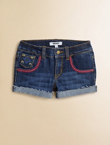 Classic jean shorts get an eye-catching update with colorful embroidery, studded details and slightly distressed, cuffed hem.Button closureWaistband with belt loopsZip flyFive-pocket styleSlightly distressed, cuffed hem68% cotton//31% polyester/1% spandexMachine washImported Classic jean shorts get an eye-catching update with colorful embroidery, studded details and slightly distressed, cuffed hem.Button closureWaistband with belt loopsZip flyFive-pocket styleSlightly distressed, cuffed hem68% cotton//31% polyester/1% spandexMachine washImported