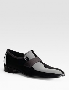 Handsome patent leather slip-on loafer completes your formal ensemble. Stacked heel Leather lining and sole Padded insole Made in Italy Handsome patent leather slip-on loafer completes your formal ensemble. Stacked heel Leather lining and sole Padded insole Made in Italy