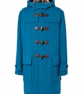 The perfect fusion of form and function, Burberry Brits teal Broadhurst duffle coat is a timeless investment in iconic heritage style - Classic leather toggle closures, signature check-lined hood, oversized flap pockets at hips - Slim, straight cut hits mid-thigh - Pair with everything from jeans and cashmere pullovers to suit trousers and blazers