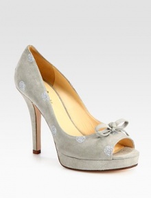 This suede peep toe silhouette is instantly upgraded with a sweet bow and glittery polka dots. Self-covered heel, 4½ (115mm)Covered platform, ¾ (20mm)Compares to a 3¾ heel (95mm)Suede upper with glitter-coated polka dotsPeep toeLeather lining and solePadded insoleImported This suede peep toe silhouette is instantly upgraded with a sweet bow and glittery polka dots. Self-covered heel, 4½ (115mm)Covered platform, ¾ (20mm)Compares to a 3¾ heel (95mm)Suede upper with glitter-coated polka dotsPeep toeLeather lining and solePadded insoleImported