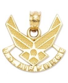 Honor a courageous member of the U.S. Air Force with this symbolic charm. Crafted in 14k gold, charm features a textured and polished design. Chain not included. Approximate length: 3/5 inch. Approximate width: 3/5 inch. Honor a courageous member of the U.S. Air Force with this symbolic charm. Crafted in 14k gold, charm features a textured and polished design. Chain not included. Approximate length: 3/5 inch. Approximate width: 3/5 inch.