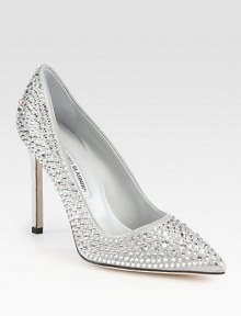 Frosted satin pump with light-catching Swarovski crystals and an elegant point toe. Self-covered heel, 4 (100mm)Swarovski crystal-coated satin upperPoint toeLeather lining and solePadded insoleMade in Italy Frosted satin pump with light-catching Swarovski crystals and an elegant point toe. Self-covered heel, 4 (100mm)Swarovski crystal-coated satin upperPoint toeLeather lining and solePadded insoleMade in Italy