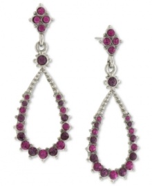 Dazzling drops. 2028's sweet drop earrings feature a teardrop design, complemented with tonal fuchsia czech stones. Set in silver tone mixed metal. Approximate drop length: 2-1/2 inches. Approximate drop diameter: 1/2 inch. Dazzling drops. 2028's sweet drop earrings feature a teardrop design, complemented with tonal fuchsia czech stones. Set in silver tone mixed metal. Approximate drop length: 2-1/2 inches. Approximate drop diameter: 1/2 inch.