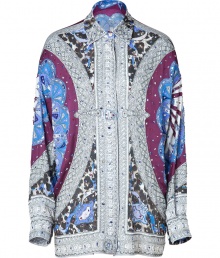 With its characteristic optical print, and exquisite shimmering sequin and bead embellishment, Emilio Puccis silk shirt makes a glamorous, scene-stealing statement - Classic collar, long dolman sleeves, dropped shoulders, hidden snapped cuffs, hidden button-down front, curved hemline - Contemporary oversized fit - Finish with jet black slim-fit separates and flawless platform pumps With its characteristic optical print, and exquisite shimmering sequin and bead embellishment, Emilio Puccis silk shirt makes a glamorous, scene-stealing statement - Classic collar, long dolman sleeves, dropped shoulders, hidden snapped cuffs, hidden button-down front, curved hemline - Contemporary oversized fit - Finish with jet black slim-fit separates and flawless platform pumps