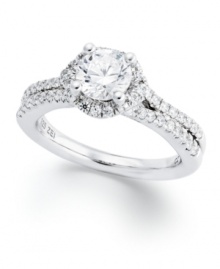 Take her breath away with sentiment & sparkle. This exquisite Hearts and Arrows engagement ring features a certified solitaire, brilliant-cut diamond at center with a halo and two rows of smaller diamonds surrounding (total 1-1/2 ct. t.w.). Set in 14k white gold. Take her breath away with sentiment & sparkle. This exquisite Hearts and Arrows engagement ring features a certified solitaire, brilliant-cut diamond at center with a halo and two rows of smaller diamonds surrounding (total 1-1/2 ct. t.w.). Set in 14k white gold.