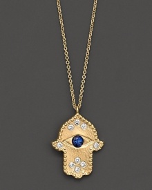 Sparkling diamonds and a sapphire eye watch over you. Set in 14K gold Hamsa pendant. Sparkling diamonds and a sapphire eye watch over you. Set in 14K gold Hamsa pendant.