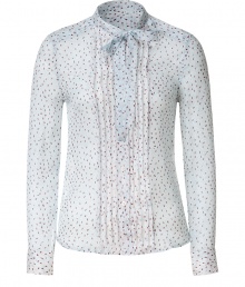 Elegant blouse in fine, pure pale blue printed silk - Slim-cut button down style with tie neck and pleated front - Small collar and long sleeves, hem hangs slightly longer in the back - Feminine and chic, perfect for both work and play - Pair with wide leg trousers or a high waisted skirt and platform pumps Elegant blouse in fine, pure pale blue printed silk - Slim-cut button down style with tie neck and pleated front - Small collar and long sleeves, hem hangs slightly longer in the back - Feminine and chic, perfect for both work and play - Pair with wide leg trousers or a high waisted skirt and platform pumps