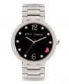Betsey Johnson sweetens up a classic design with one tiny heart. Watch crafted of polished stainless steel bracelet and round case. Black dial features silver tone numerals at twelve and six o'clock, dot markers, pink heart at four o'clock, silver tone hour and minute hands, signature fuchsia second hand and logo. Quartz movement. Water resistant to 30 meters. Two-year limited warranty. Available exclusively at Macy's!
