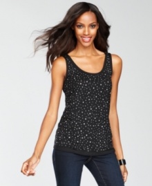 Add chic sparkle to your outfit with INC's petite tank, studded with shimmering rhinestones throughout the front. Add chic sparkle to your outfit with INC's petite tank, studded with shimmering rhinestones throughout the front.
