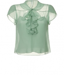 Delicate top of fine, light green silk - Transparent look is feminine and romantic - Thin-strapped tank underneath - Elegant look with ruffled neck tie, short-waisted silhouette with small collar and cap sleeves - Beautiful with tuxedo pants or pencil skirt, and heels for the office or formal dinner Delicate top of fine, light green silk - Transparent look is feminine and romantic - Thin-strapped tank underneath - Elegant look with ruffled neck tie, short-waisted silhouette with small collar and cap sleeves - Beautiful with tuxedo pants or pencil skirt, and heels for the office or formal dinner