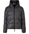 A sleek matte finish and jet black hardware lend this Duvetica down jacket its sporty and stylish edge - In a lighter weight, wind- and water-resistant quilted wool-cashmere with black trim, full zip, hood and oversized diagonal zippered front pockets - Straight cut fits close to the body for extra warmth - Perfect for cold weather casual looks - pair with everything from jeans and chinos to cords or tailored trousers