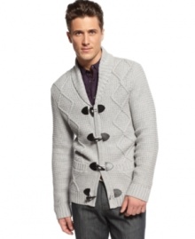 True gentleman style begins with a chunky knit cardigan from INC International Concepts.