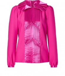 Spectacularly chic and retro-inspired, this shocking pink top from Anna Sui adds a stylish impact to every look - Pleated Peter Pan collar, long puff sleeves with gathered cuffs, decorative pintuck-detailed front, slim fit, concealed back zip closure - Style with skinny jeans, cropped trousers, or a pencil skirt Spectacularly chic and retro-inspired, this shocking pink top from Anna Sui adds a stylish impact to every look - Pleated Peter Pan collar, long puff sleeves with gathered cuffs, decorative pintuck-detailed front, slim fit, concealed back zip closure - Style with skinny jeans, cropped trousers, or a pencil skirt