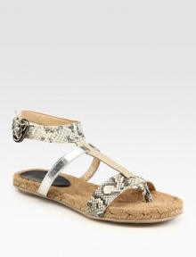 Modern slingback design with a t-strap front and braided hemp footbed, surrounded by metallic leather, patent leather and snake-print leather straps. Metallic leather, patent leather and snake-print leather upperHemp liningRubber soleImportedOUR FIT MODEL RECOMMENDS ordering true whole size; ½ sizes should order the next whole size down. Modern slingback design with a t-strap front and braided hemp footbed, surrounded by metallic leather, patent leather and snake-print leather straps. Metallic leather, patent leather and snake-print leather upperHemp liningRubber soleImportedOUR FIT MODEL RECOMMENDS ordering true whole size; ½ sizes should order the next whole size down.
