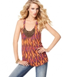 INC's beaded tank lets you forgo a necklace – there's one built right in! The vibrant ikat print gives it plenty of exotic allure, too. INC's beaded tank lets you forgo a necklace – there's one built right in! The vibrant ikat print gives it plenty of exotic allure, too.