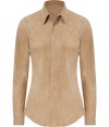 Luxurious top made ​.​.of fine, pale brown sheep suede - Tremendously smooth and exclusive quality leather - Narrow-waisted blouse silhouette with a classic collar and long sleeves - Hidden button placket - Favorite shirt for many occasions from business to evening events - Pair with wide-cut pants, pencil skirts, or casual wear and jeans